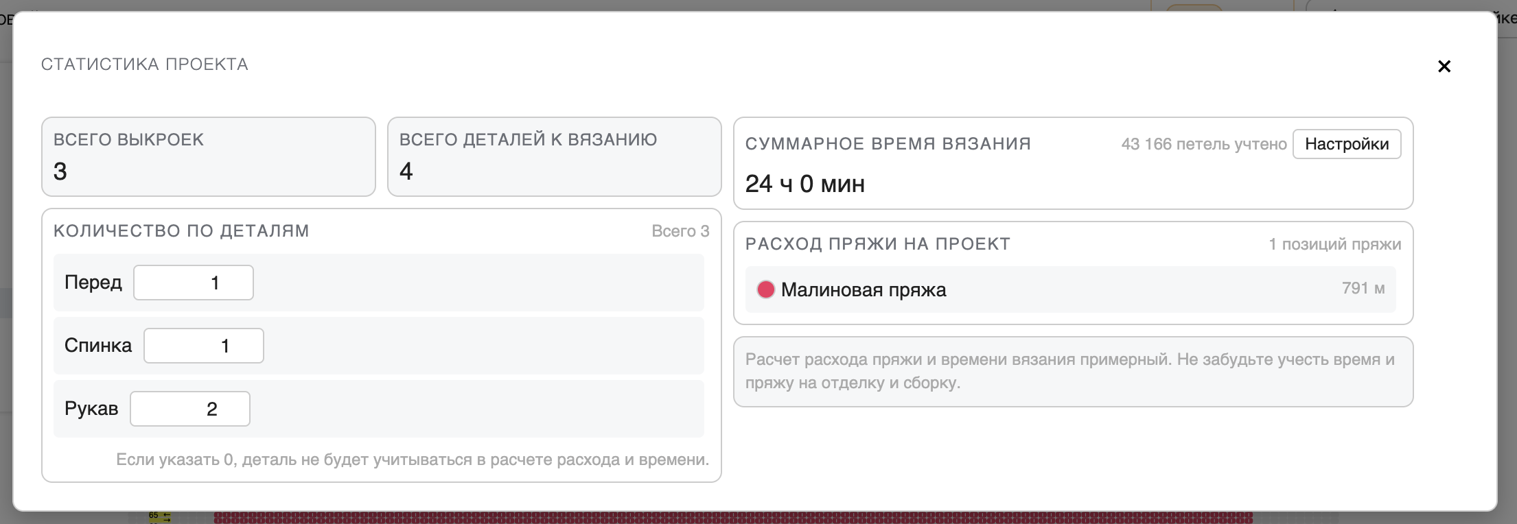 Статистика проекта с количеством деталей, расходом пряжи и временем вязания